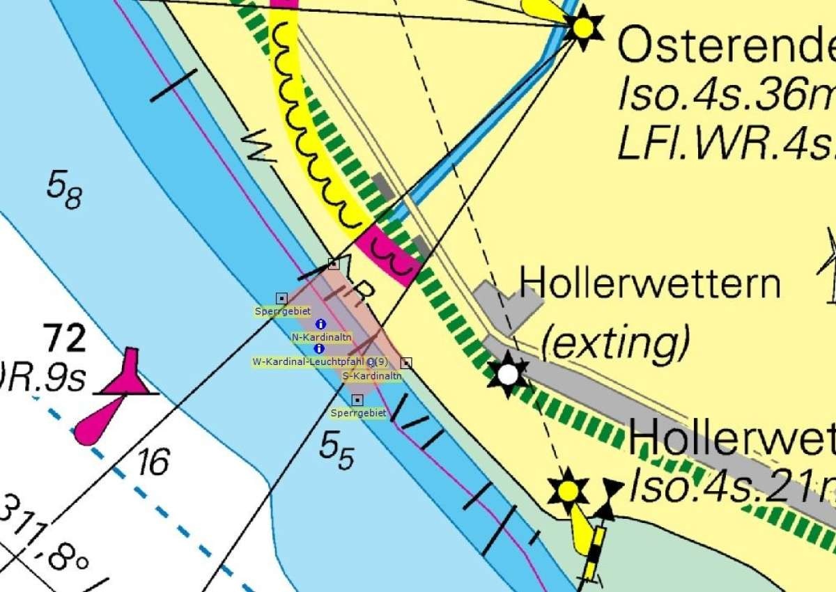 Elbe, Hollerwettern - Änderung der Schifffahrtszeichen, Sperrgebiet/ Change of buoyage, restricted area - Navinfo in de buurt van Wewelsfleth